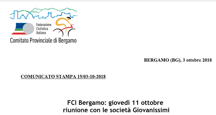 Federazione Ciclistica Italiana Bergamo: giovedì 11 ottobre riunione con le società Giovanissimi
