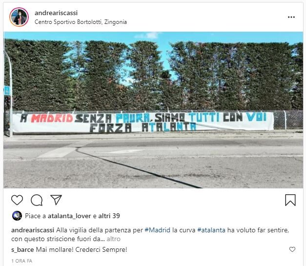 Lo striscione dei tifosi a Zingonia: “A Madrid senza paura”