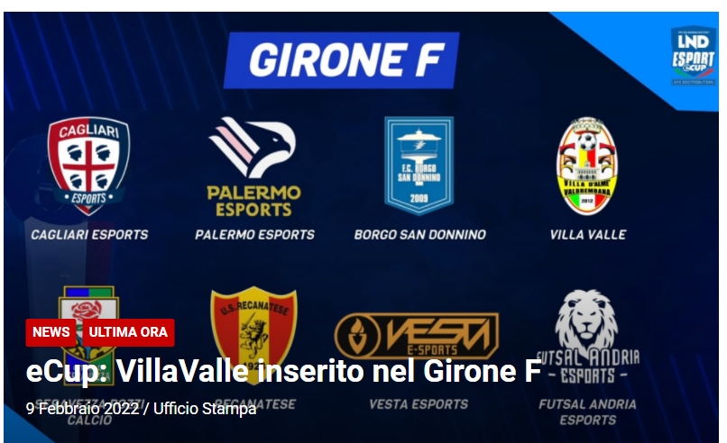 eCup 2022: VillaValle nel Girone F insieme a Cagliari e Palermo