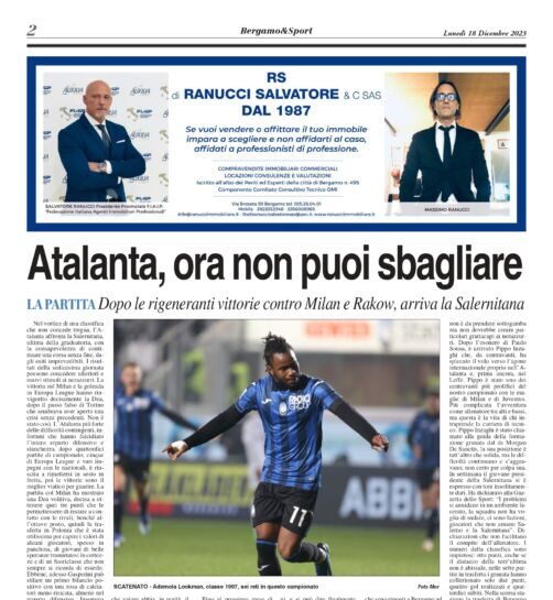 Atalanta contro la Salernitana di Pippo Inzaghi. Leggi gratuitamente la copia del Bergamo & Sport stadio